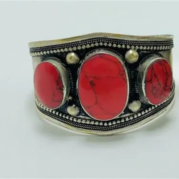 Coral Stones Boho Cuff, Kuchi Handmade Adjustable Cuff Bracelet - Picture 5 of 8